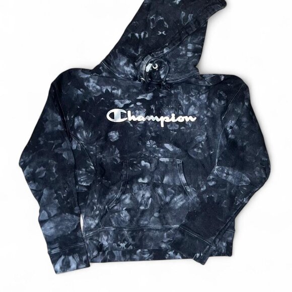 Champion Hooded Sweatshirt Black Tie-Dye Y2K Grunge Style - Picture 2 of 2